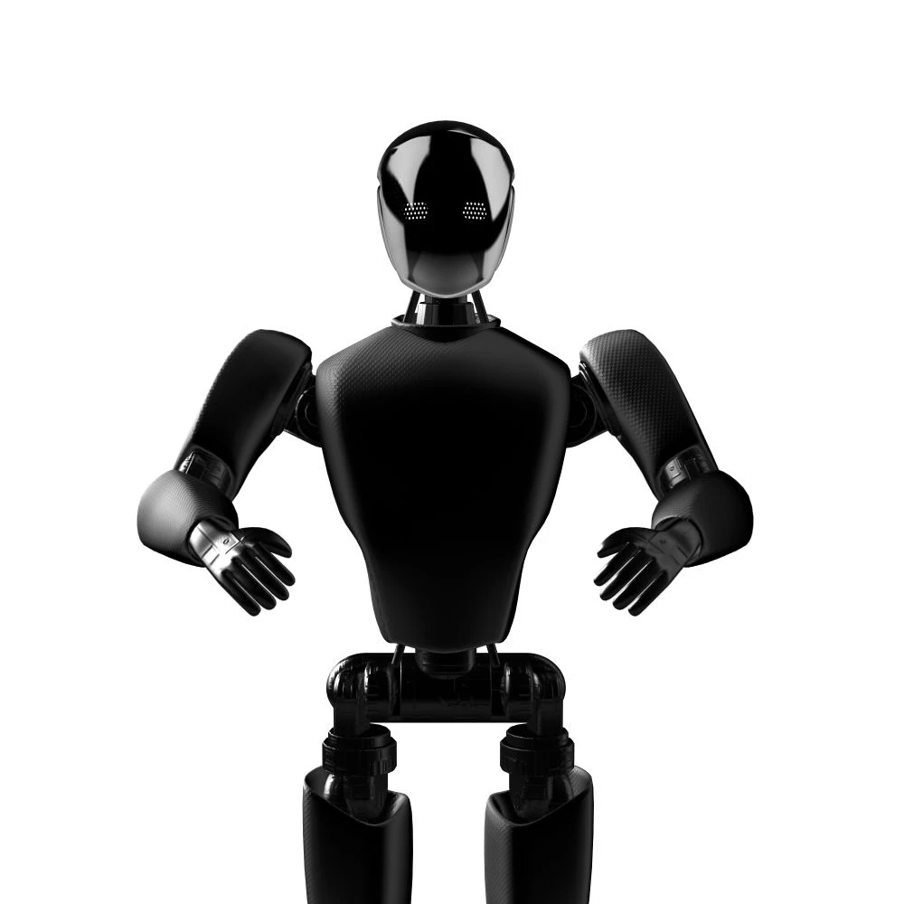The original black Masters of Automation robot facing the viewer.